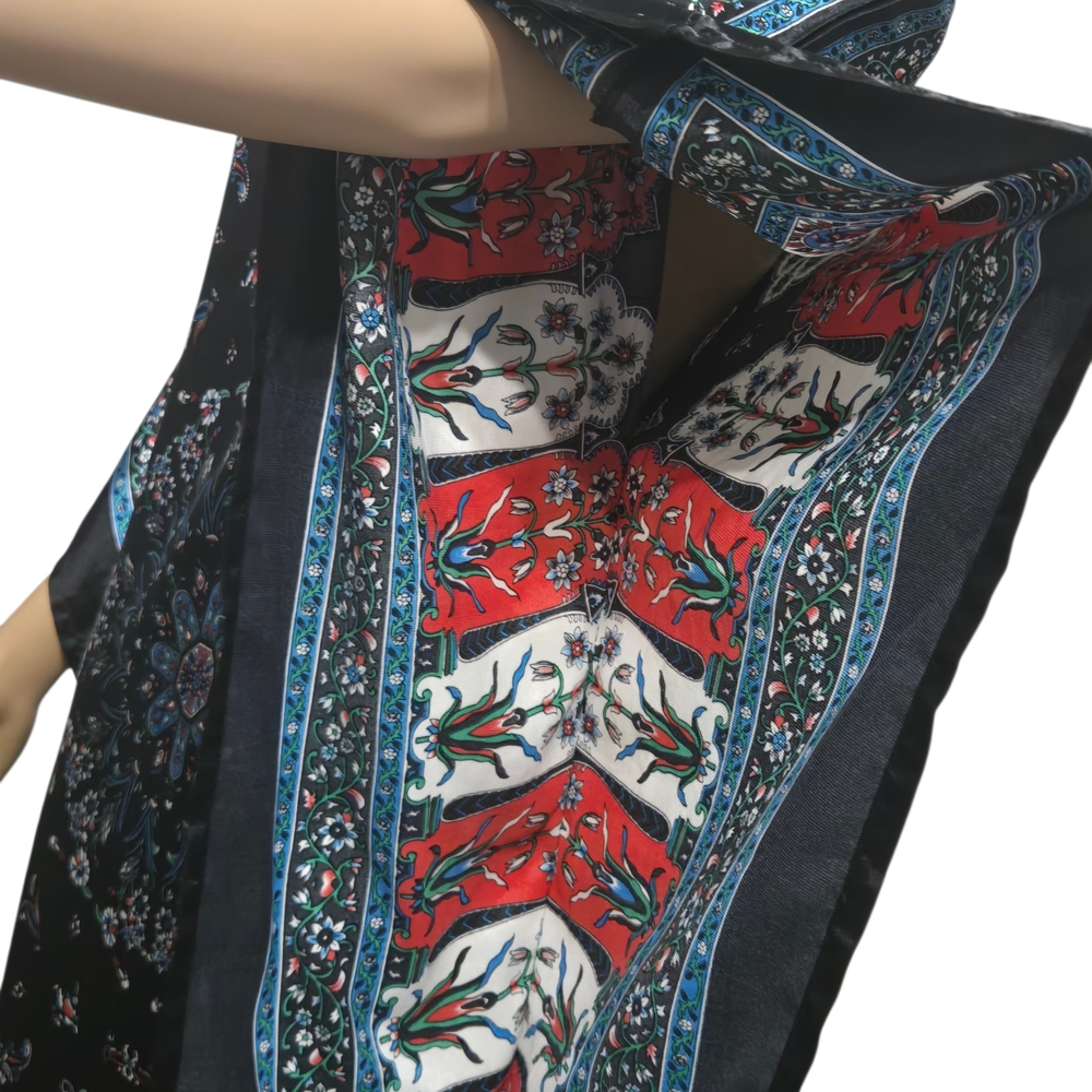 Kaftan Black and Red Floral Satin Tunic Midi Dress Womens Size Small - Picture 6 of 7